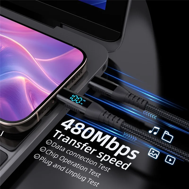 3m USB-C zu USB-C Kabel 100W 5A / 20V Nylonummanteltes Telefon Tablet Schnellladekabel mit Digitalanzeige - Schwarz
