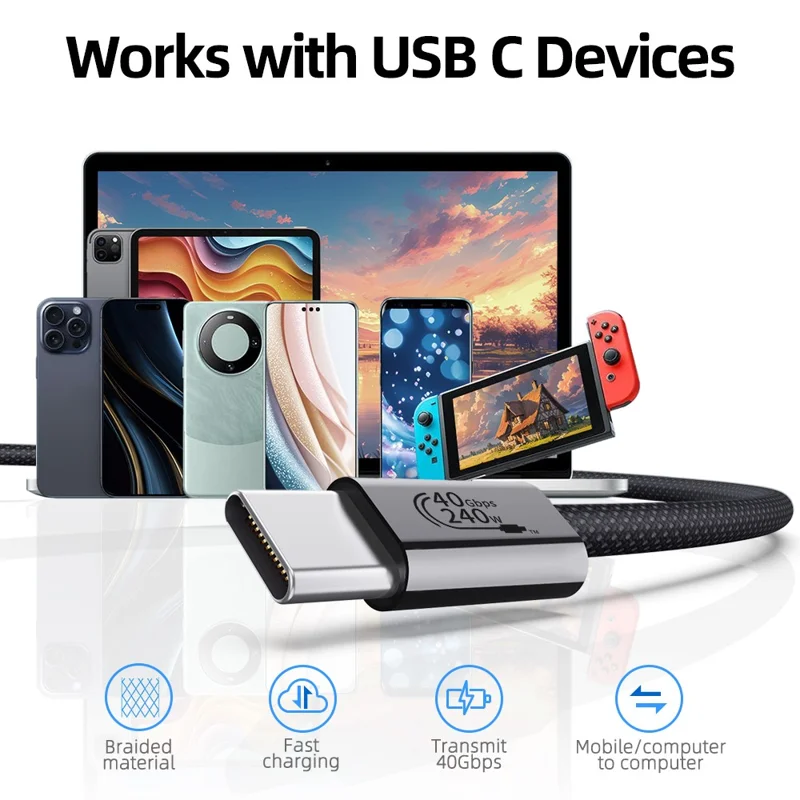 1m USB4 Type C Cable 240W PD Fast Charging 40Gbps High Speed Data Transfer Wire for Laptop / Phone