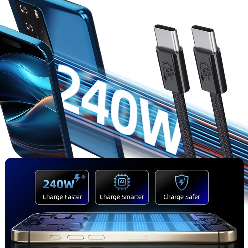 1m USB4 Type C Cable 240W PD Fast Charging 40Gbps High Speed Data Transfer Wire for Laptop / Phone