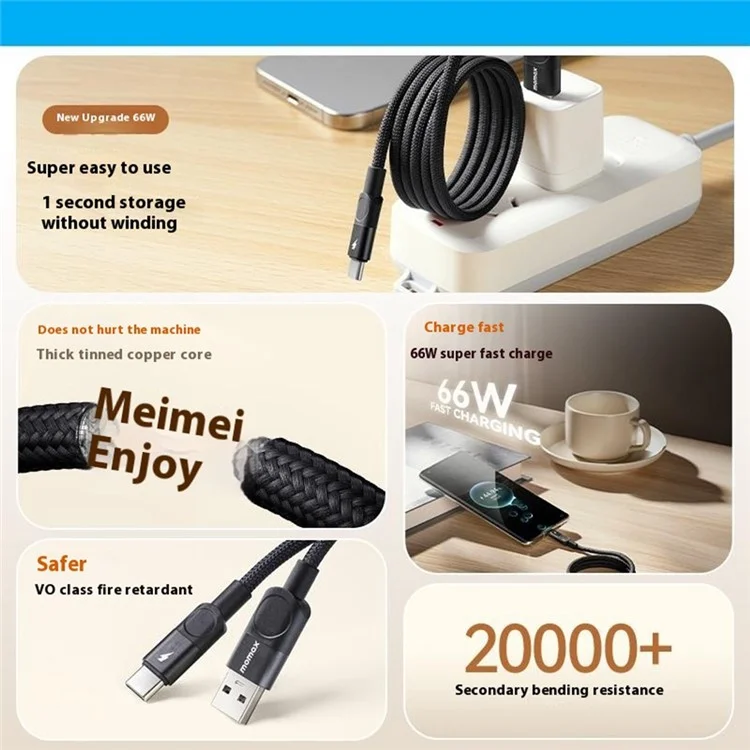 MOMAX Mag.Link 1m USB A to USB C Magnetic Nylon Braided Cord 66W Fast Charging Data Cable