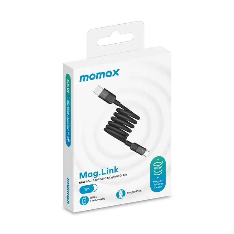 MOMAX Mag.Link 1m USB A to USB C Magnetic Nylon Braided Cord 66W Fast Charging Data Cable
