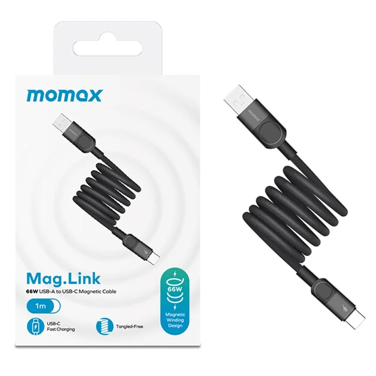 MOMAX Mag.Link 1m USB A to USB C Magnetic Nylon Braided Cord 66W Fast Charging Data Cable