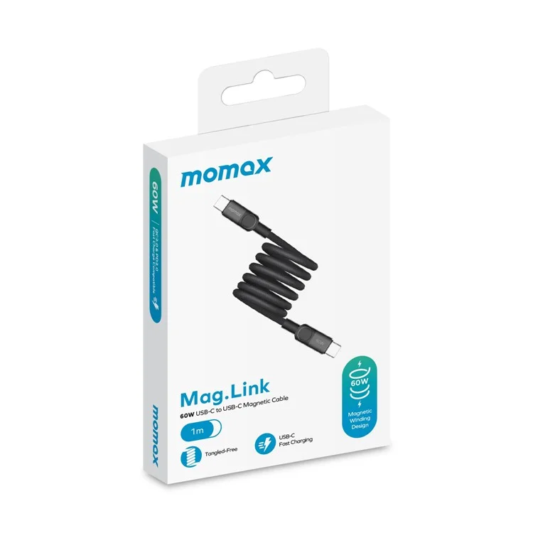 MOMAX Mag.Link Cavo di Ricarica Rapida Magnetico da 1m 60W USB C a USB C con Treccia - Nero