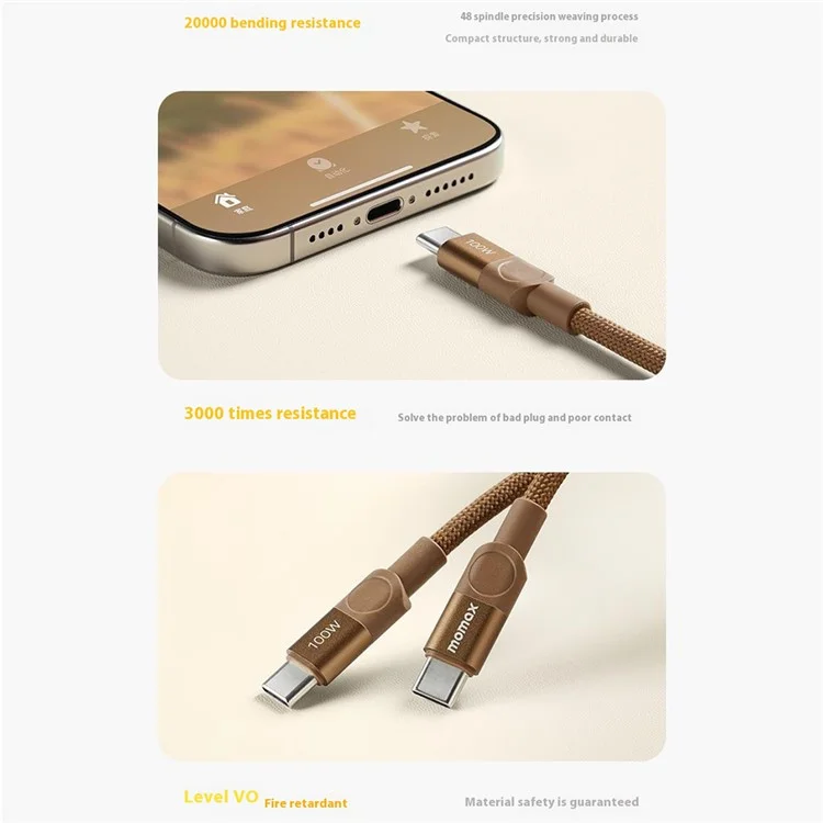MOMAX Mag.Link 1m 100W Magnetic Braided Fast Charging Cable USB C to USB C Wire for Laptop / Phone / Tablet - Gold