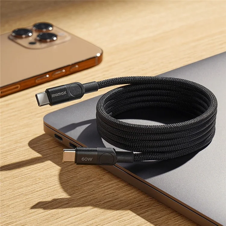 MOMAX Mag.Link 2m 60W Magnetic Braided Fast Charging Cable USB C to USB C Data Cord - Black