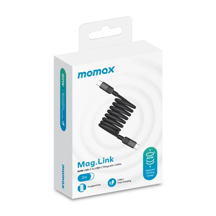 MOMAX Mag.Link 2m 60W Magnetic Braided Fast Charging Cable USB C to USB C Data Cord - Black