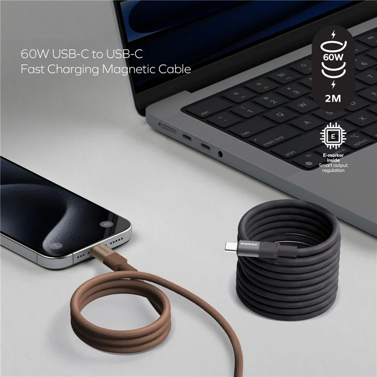 MOMAX Mag.Link 2m 60W Magnetic Braided Fast Charging Cable USB C to USB C Data Cord - Black