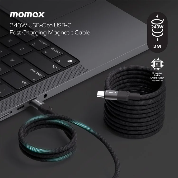 MOMAX Mag.Link 2m 240W Fast Charging Cable USB C to USB C Magnetic Braided Wire for Laptop / Phone / Tablet
