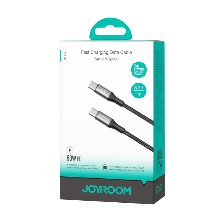 Câble de charge rapide JOYROOM S-A28 de 1 m, 60W, Type-C vers Type-C - Noir