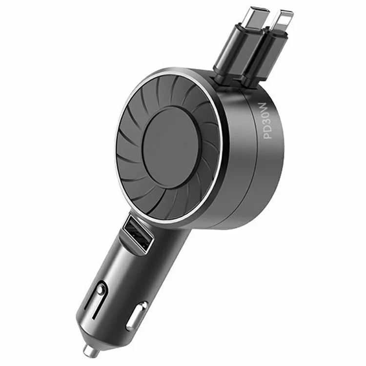 Turbinen-Blatt Design Kfz-Ladegerät mit Type-C / iP einziehbarem Kabel Dual-Port PD Super-Schnellladekabel