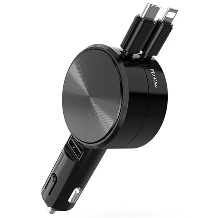 Car Charger with Type-C  /  iP Cable PD Super Fast Charging Cable Dual Port Retractable Cord, CD Veins Version