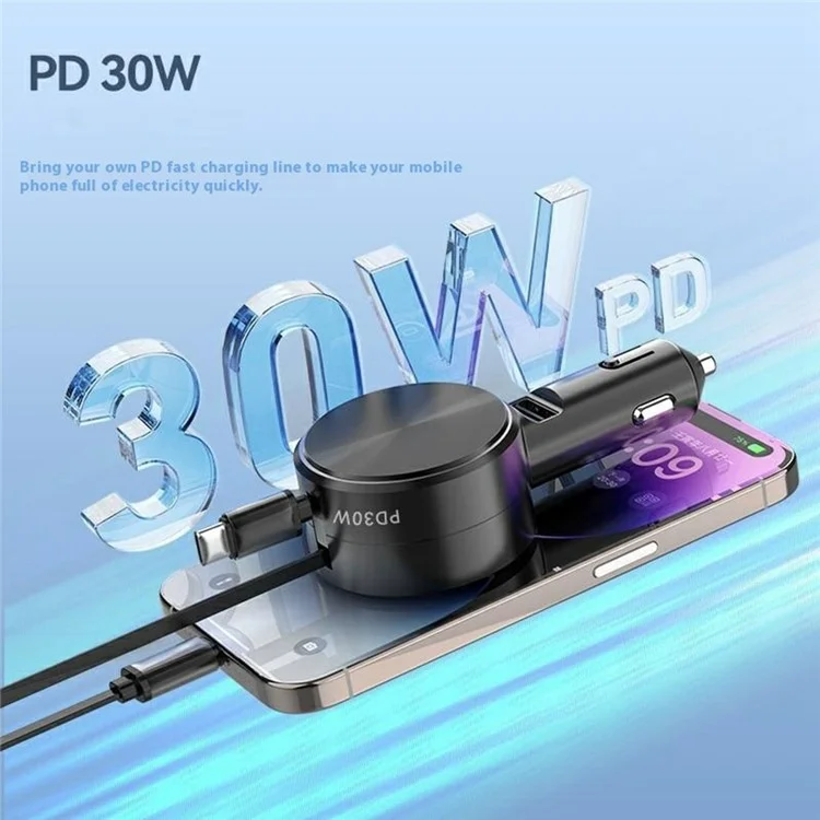 Car Charger with Type-C  /  iP Cable PD Super Fast Charging Cable Dual Port Retractable Cord, CD Veins Version