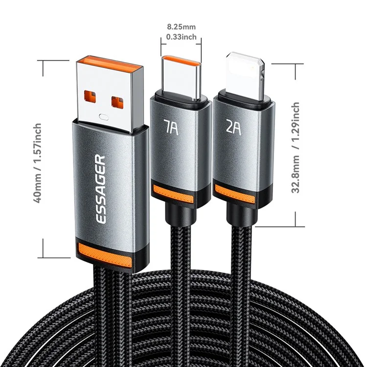 ESSAGER 1m USB-A to iP + Type-C Fast Charging Cable 100W PD Sync Data Transfer Cable - Black