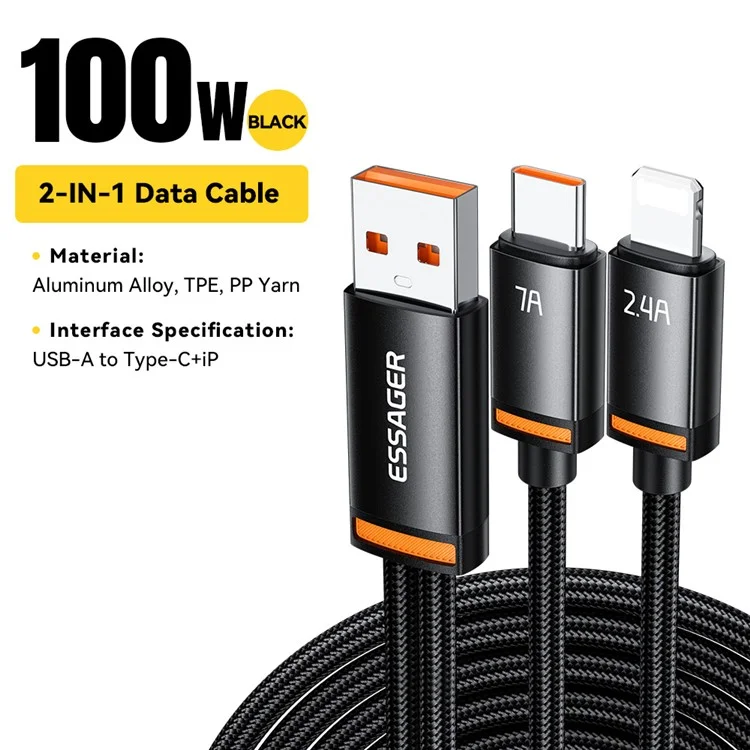 ESSAGER 1m USB-A to iP + Type-C Fast Charging Cable 100W PD Sync Data Transfer Cable - Black