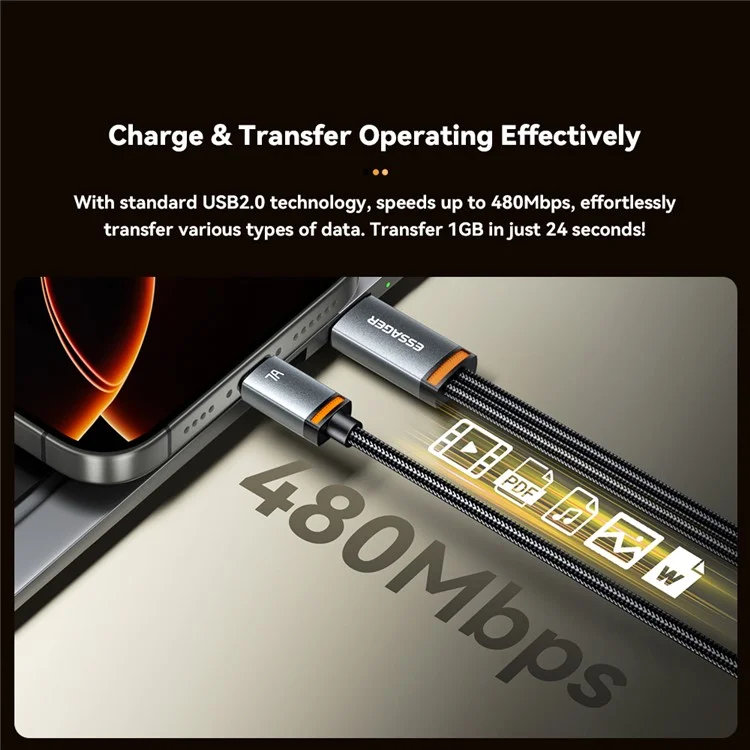 ESSAGER 1m USB-A to iP + Type-C Fast Charging Cable 100W PD Sync Data Transfer Cable - Black