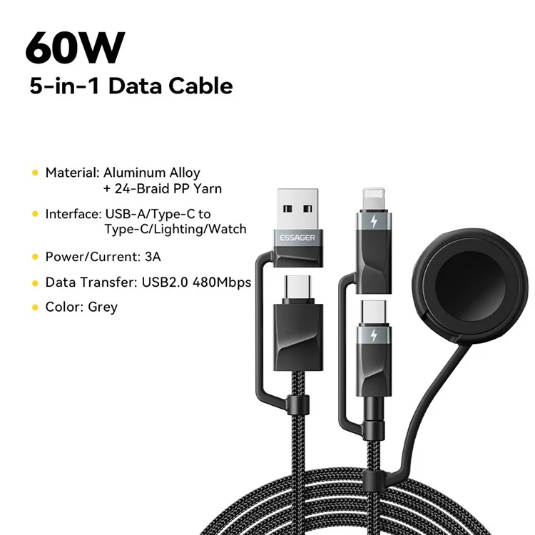 ESSAGER Câble de Charge 5 en 1 de 2M, Charge Rapide PD 60W, Synchronisation de Données 480Mbps pour Téléphone / Tablette / Montre