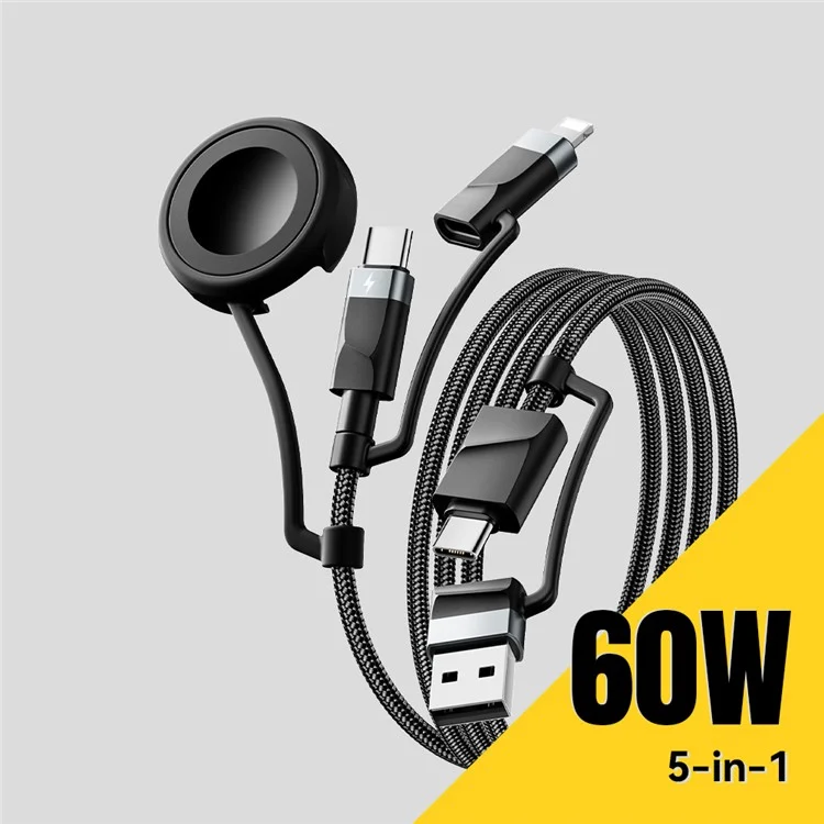 ESSAGER Câble de Charge 5 en 1 de 2M, Charge Rapide PD 60W, Synchronisation de Données 480Mbps pour Téléphone / Tablette / Montre