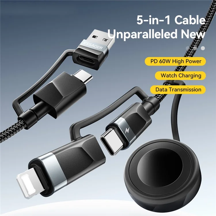 ESSAGER Câble de Charge 5 en 1 de 2M, Charge Rapide PD 60W, Synchronisation de Données 480Mbps pour Téléphone / Tablette / Montre