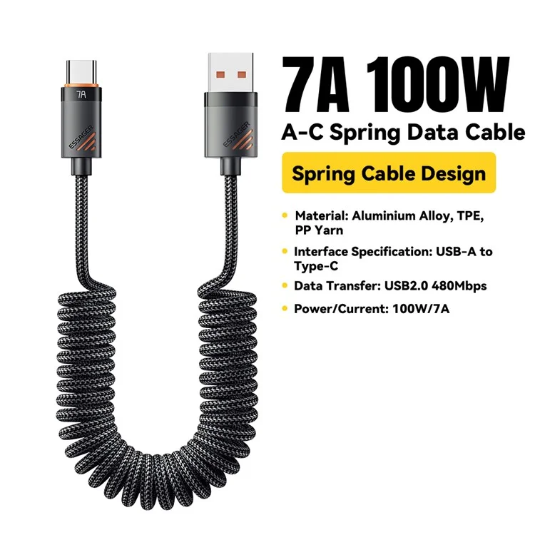 ESSAGER Пружинный кабель для зарядки USB-A на Type-C 100 Вт 7А, длина 1,2 м