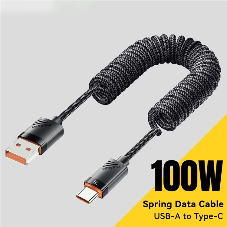 ESSAGER Пружинный кабель для зарядки USB-A на Type-C 100 Вт 7А, длина 1,2 м