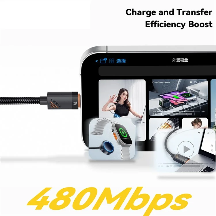 ESSAGER Пружинный кабель для зарядки USB-A на Type-C 100 Вт 7А, длина 1,2 м