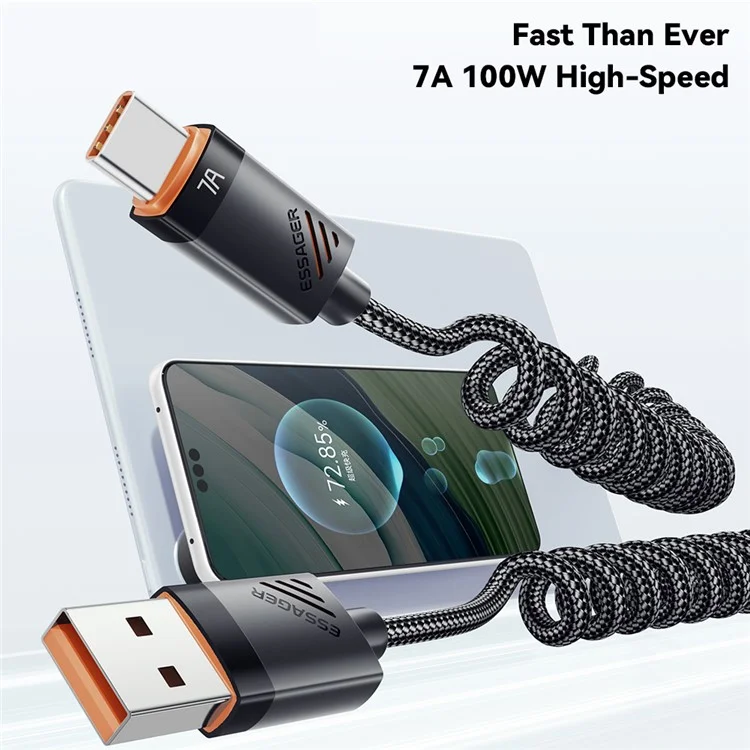 ESSAGER Spring Data Cable USB-A to Type-C 100W 7A Fast Charging Cable 1.8m