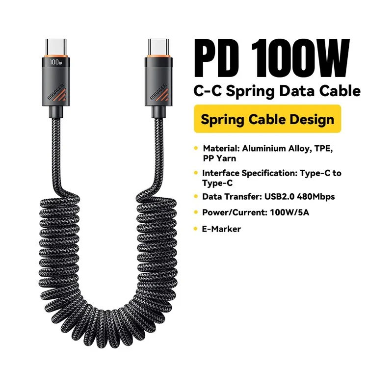 Câble de données ESSAGER Spring Type-C vers Type-C 100W de charge rapide de 1,8 m