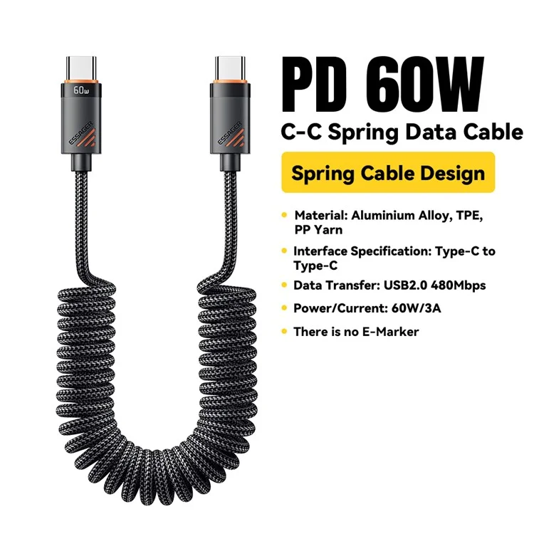 ESSAGER Federdatenkabel Typ-C auf Typ-C 60W Schnellladekabel 1,8m