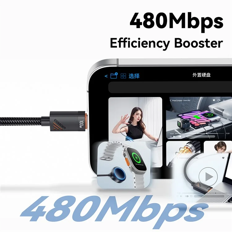 ESSAGER 3 in 1 Charging Cable for Watch  /  Phone  /  Type-C Devices PD 100W Fast Charging Data Cable