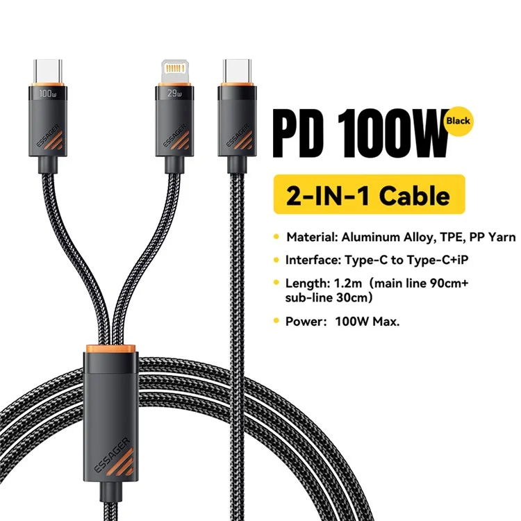 ESSAGER Type-C to iP + Type-C Data Cable E-Marker Chip PD 100W Fast Charging Cable 1.2m
