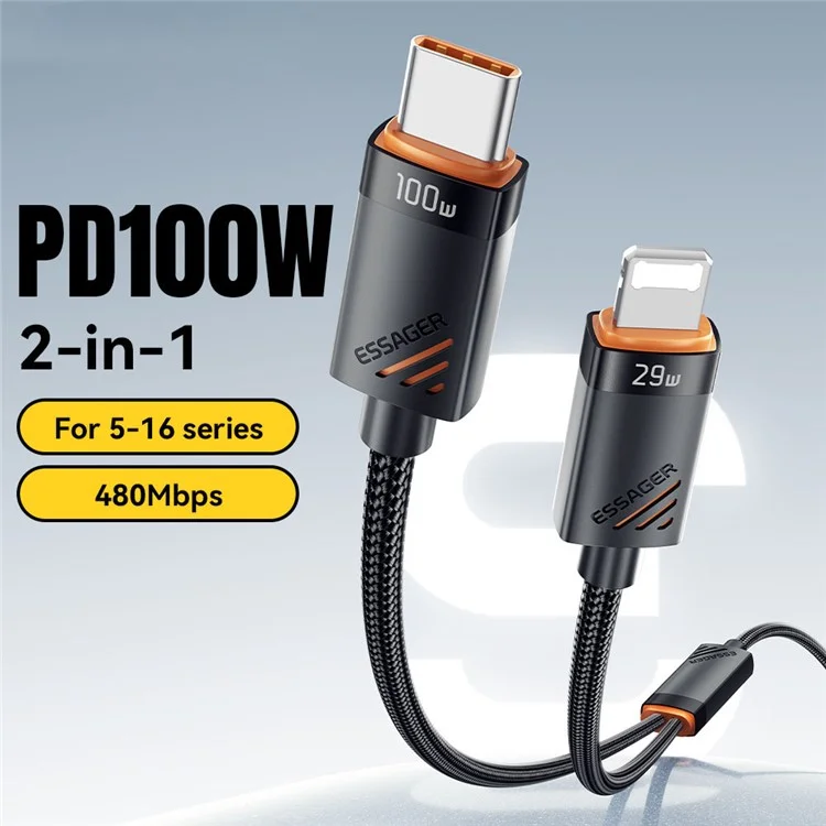 ESSAGER Type-C to iP + Type-C Data Cable E-Marker Chip PD 100W Fast Charging Cable 1.2m
