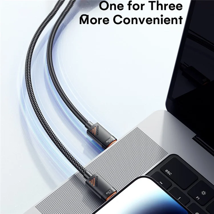 ESSAGER Type-C to iP + Type-C Data Cable E-Marker Chip PD 100W Fast Charging Cable 1.2m