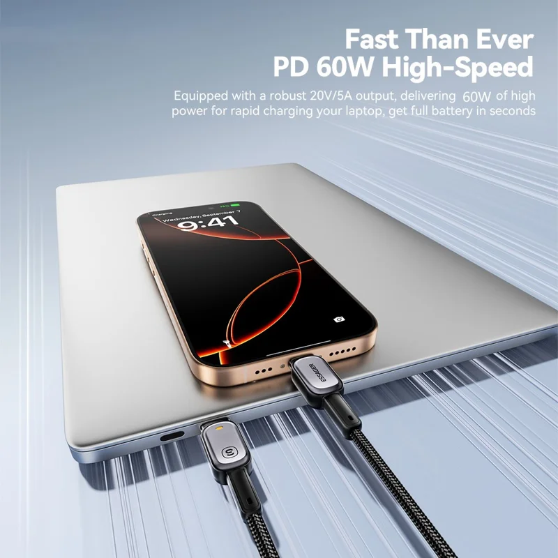 ESSAGER Type-C to Type-C 60W Smart LED Cable Fast Charging Durable Braided Data Cable 1m