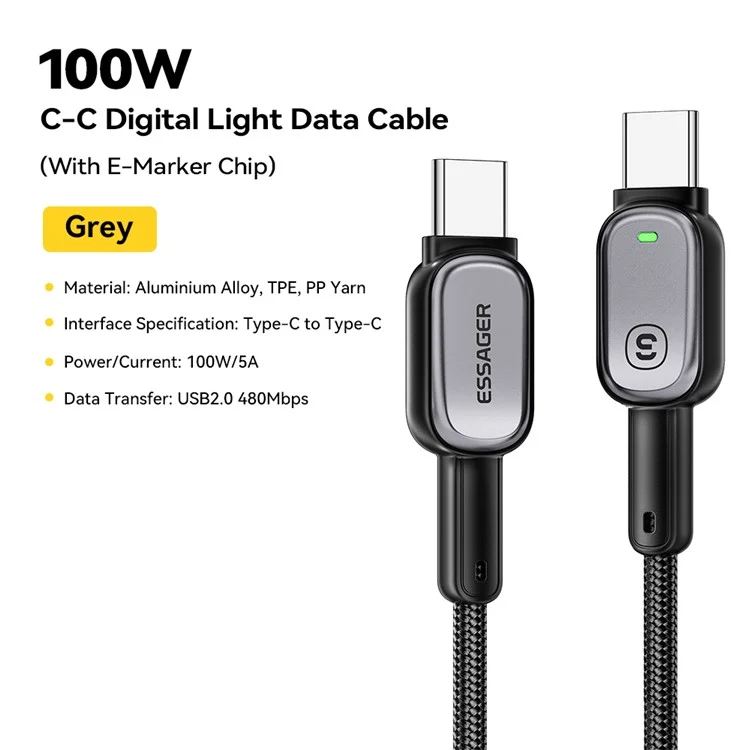 ESSAGER Type-C to Type-C 100W Smart LED Cable Fast Charging Durable Braided Data Cable 1m
