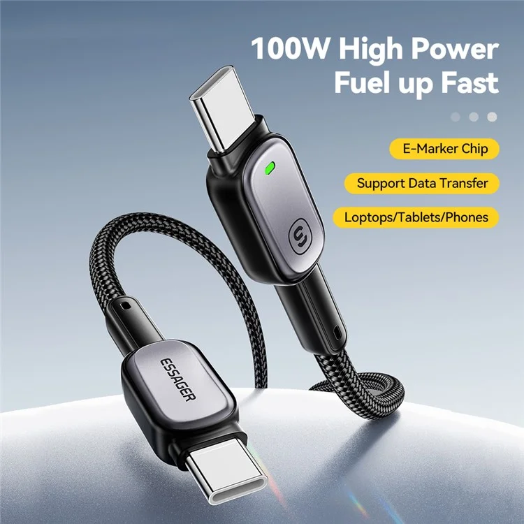 ESSAGER Type-C to Type-C 100W Smart LED Cable Fast Charging Durable Braided Data Cable 1m