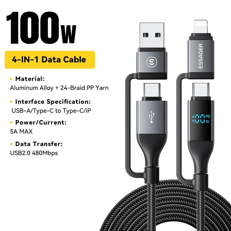 ESSAGER Cavo dati 4 in 1 con display digitale PD 100W per ricarica rapida 0,25m