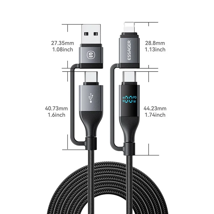 ESSAGER Câble de Données 4-en-1 avec Affichage Numérique, Charge Rapide PD 100W, 1m