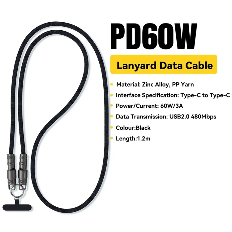 ESSAGER Crossbody Phone Lanyard PD 60W Charging Cable Type-C to Type-C Braided Data Cord 1.2m - Black