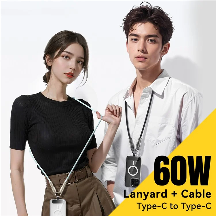 ESSAGER Crossbody Phone Lanyard PD 60W Charging Cable Type-C to Type-C Braided Data Cord 1.2m - Black