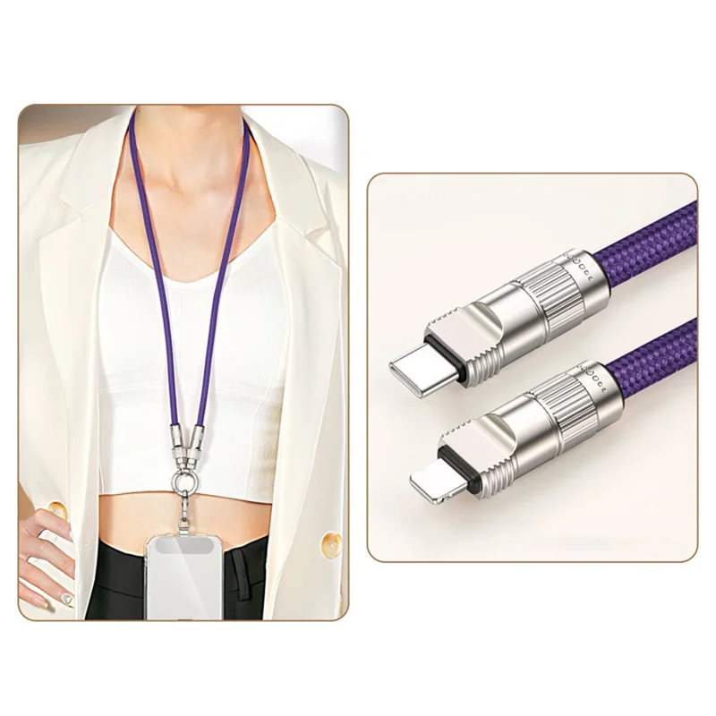 90cm Neck Strap 27W Charging Cable Phone Lanyard Cell Phone Tether with Type-C to L-Port Connector - Purple
