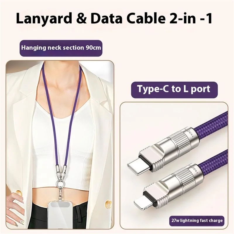 90cm Neck Strap 27W Charging Cable Phone Lanyard Cell Phone Tether with Type-C to L-Port Connector - Purple