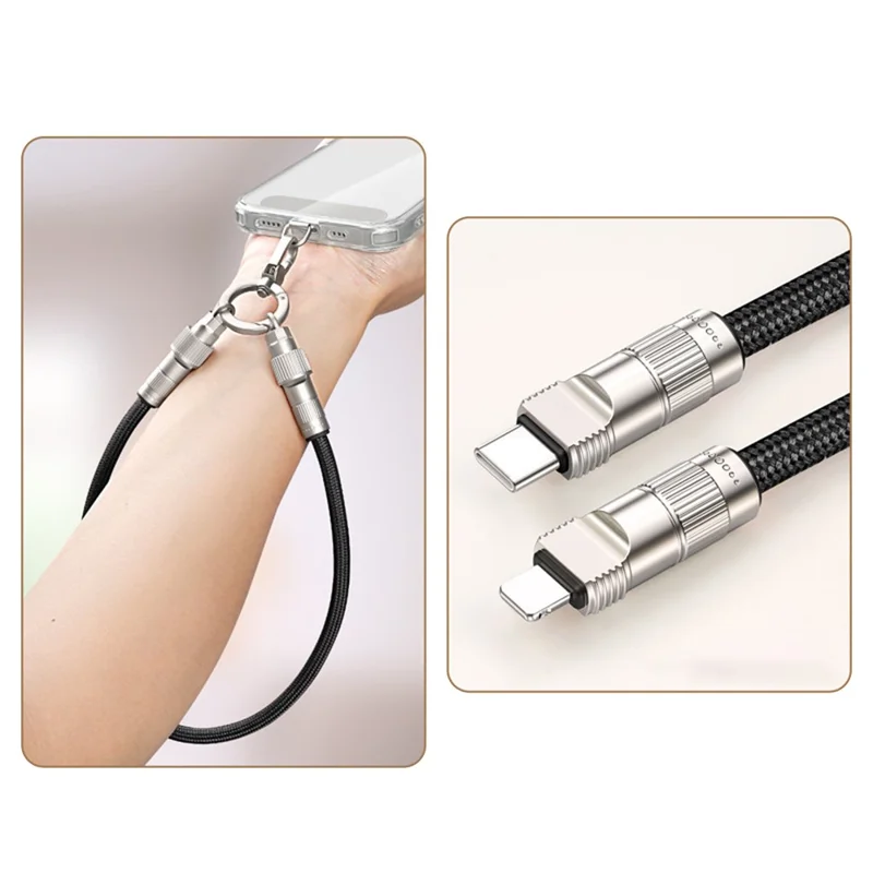 30cm Cell Phone Wrist Strap Fast Charging Data Cable with Type-C to L-Port Adapter Phone Lanyard - Black