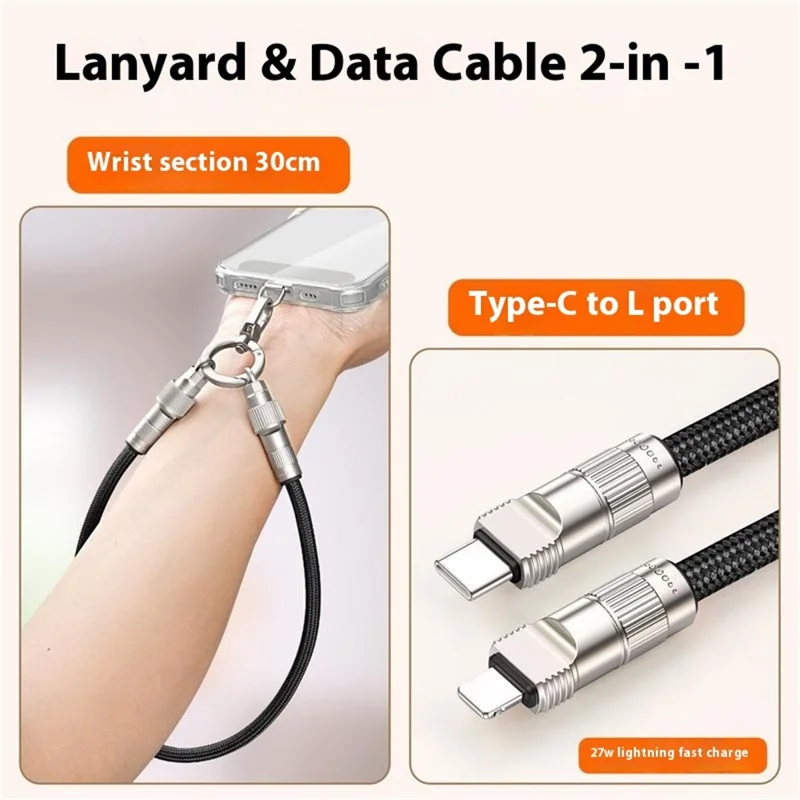 30cm Cell Phone Wrist Strap Fast Charging Data Cable with Type-C to L-Port Adapter Phone Lanyard - Black