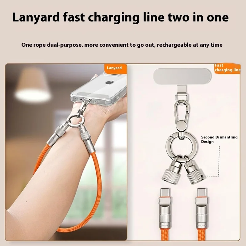 30cm Cell Phone Wrist Strap Fast Charging Data Cable with Type-C to L-Port Adapter Phone Lanyard - Black