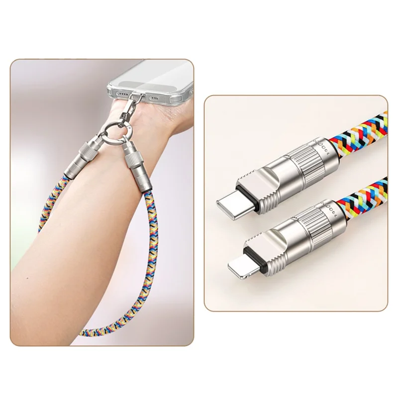 30cm Cell Phone Wrist Strap Fast Charging Data Cable with Type-C to L-Port Adapter Phone Lanyard - Multi-color
