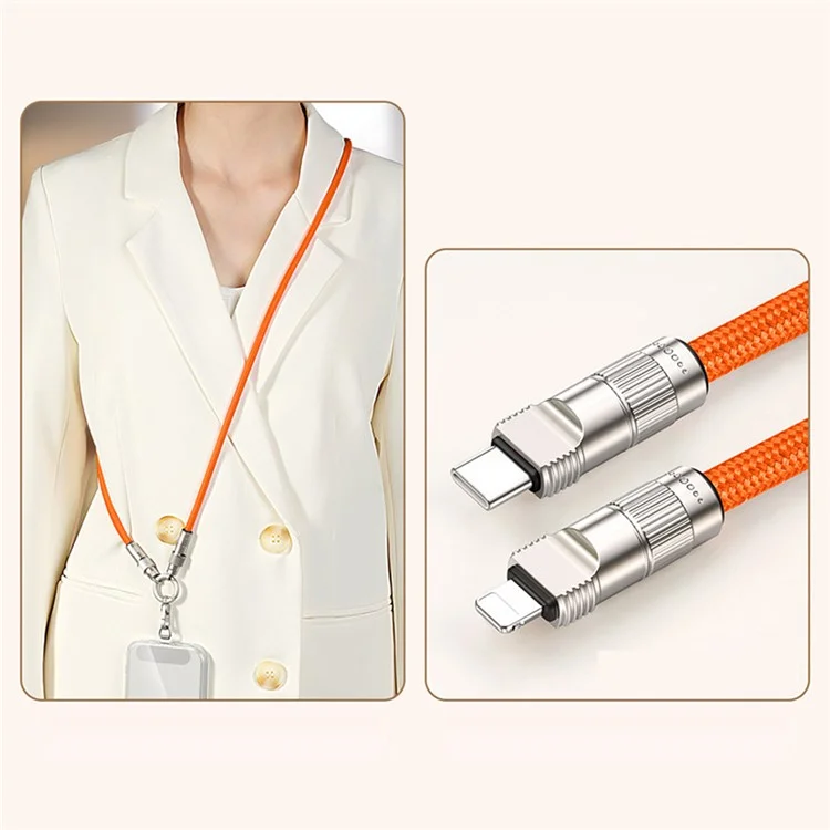 Cabo de Carregamento com Cordão Transversal de 120cm para Celular - Adaptador Tipo-C para Porta-L Universal - Laranja