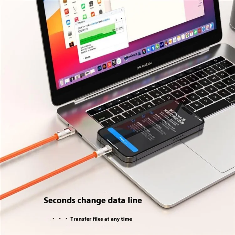 Cabo de Carregamento com Cordão Transversal de 120cm para Celular - Adaptador Tipo-C para Porta-L Universal - Laranja