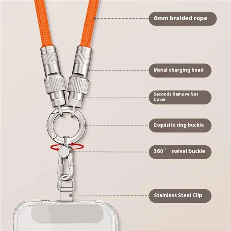 Cabo de Carregamento com Cordão Transversal de 120cm para Celular - Adaptador Tipo-C para Porta-L Universal - Laranja