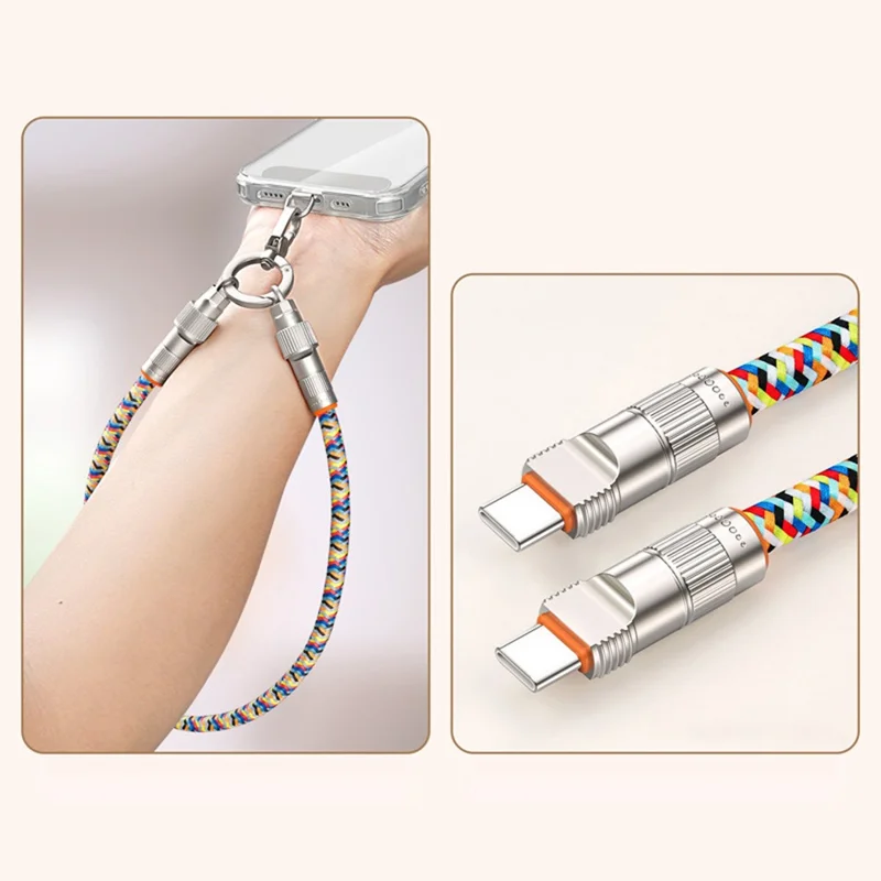 30cm 2 in 1 Wrist Strap Charging Cable Type-C to Type-C 66W Fast Charge Cable Cell Phone Lanyard - Multi-color