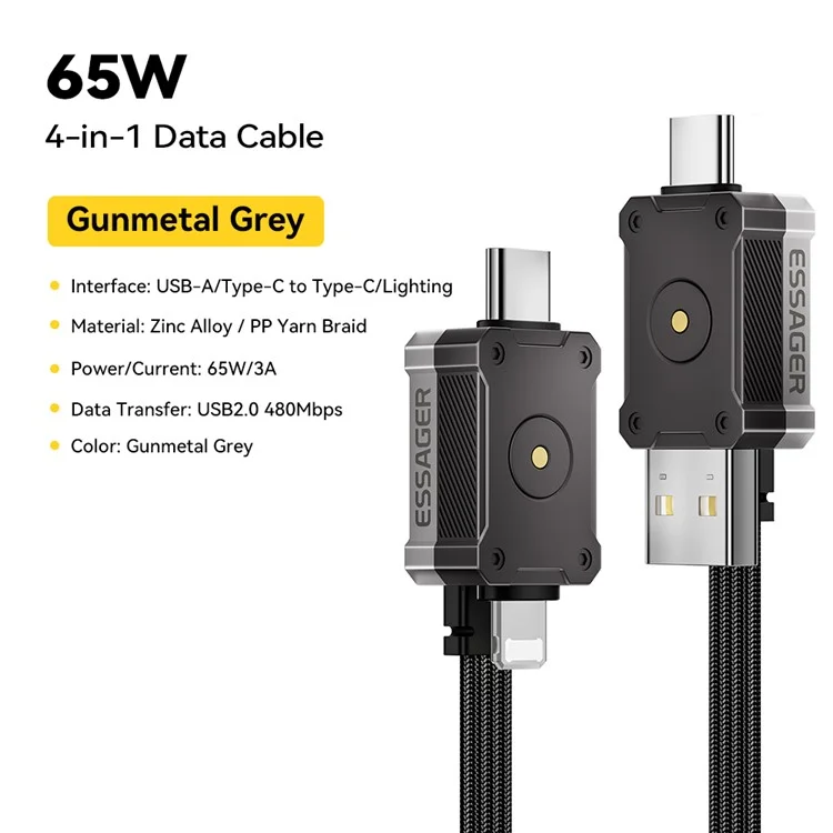 ESSAGER ES-X63 0.25m 4 in 1 Data Cable USB-A / Type-C to Type-C / 8Pin Multi-Function Charging Cord
